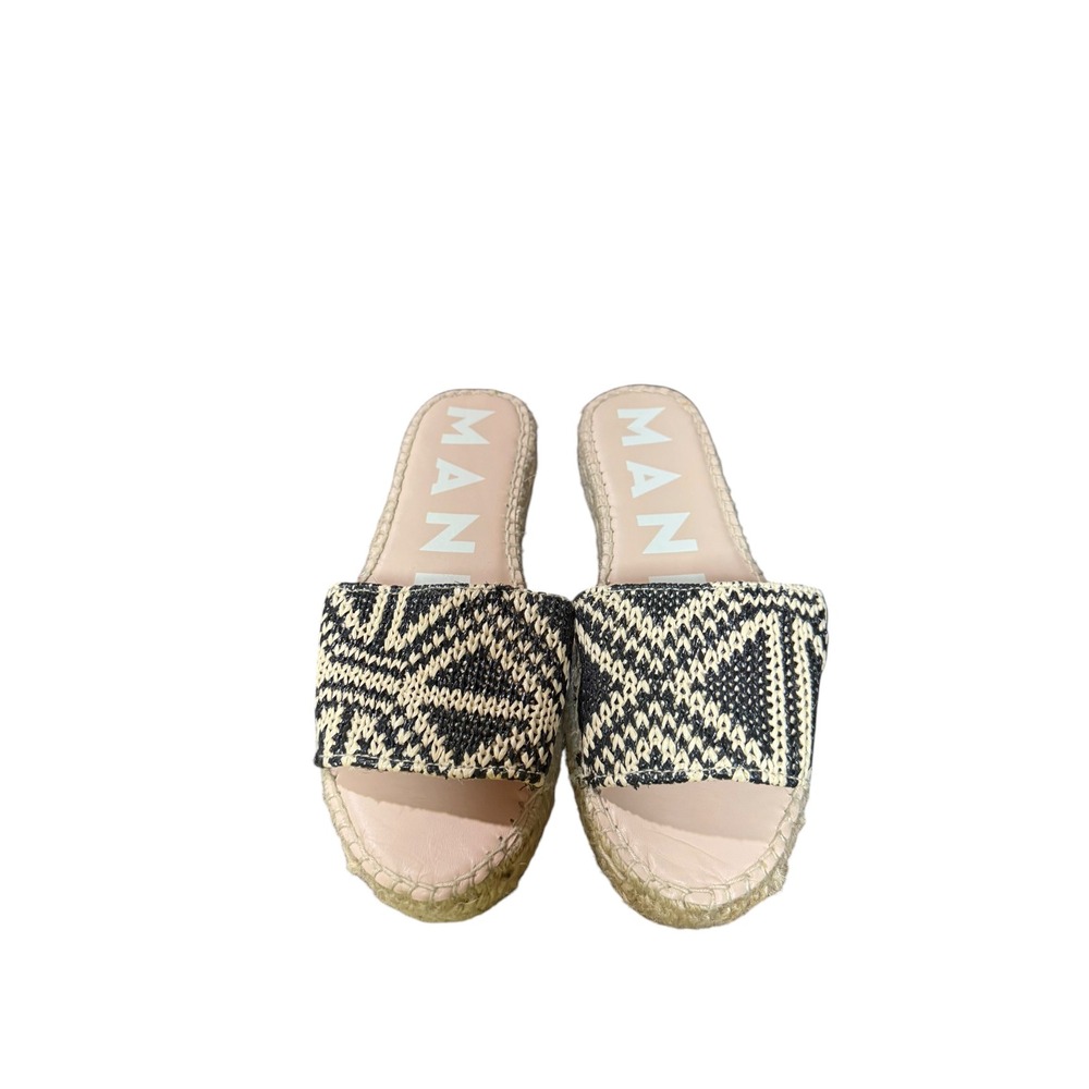 Manebi Black White Woven Espadrille Platform Slide Sandals 37